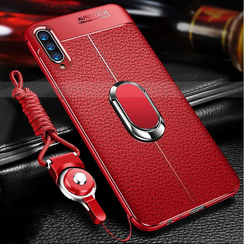 Silikon Hülle Handyhülle Gummi Schutzhülle Leder Tasche mit Magnetisch Fingerring Ständer für Samsung Galaxy A90 5G Rot