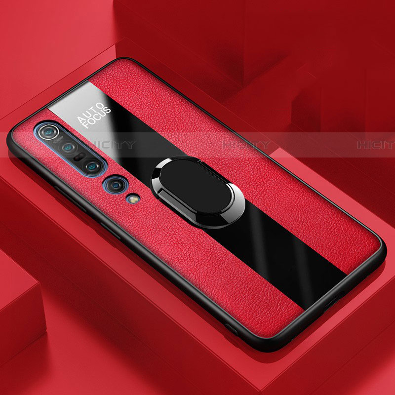 Silikon Hülle Handyhülle Gummi Schutzhülle Leder Tasche mit Magnetisch Fingerring Ständer für Xiaomi Mi 10 Pro Rot Plus