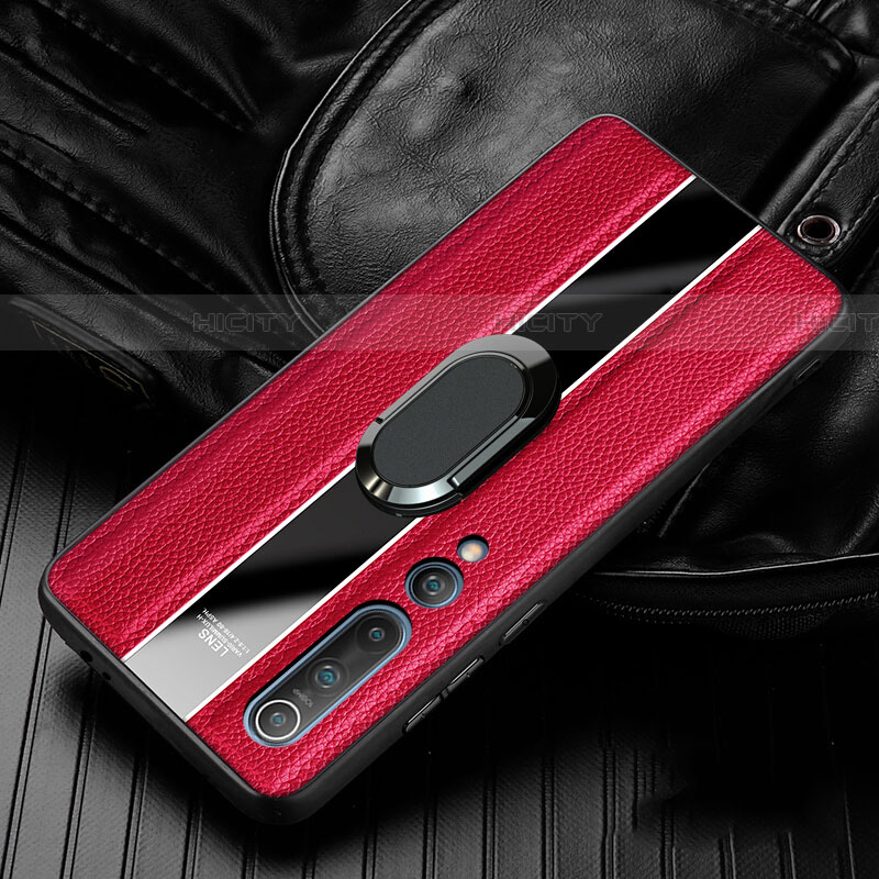 Silikon Hülle Handyhülle Gummi Schutzhülle Leder Tasche mit Magnetisch Fingerring Ständer für Xiaomi Mi 10 Rot