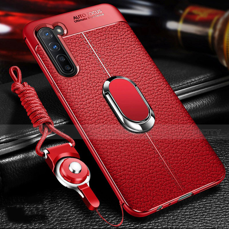 Silikon Hülle Handyhülle Gummi Schutzhülle Leder Tasche mit Magnetisch Fingerring Ständer S02 für Oppo F15 Rot Plus