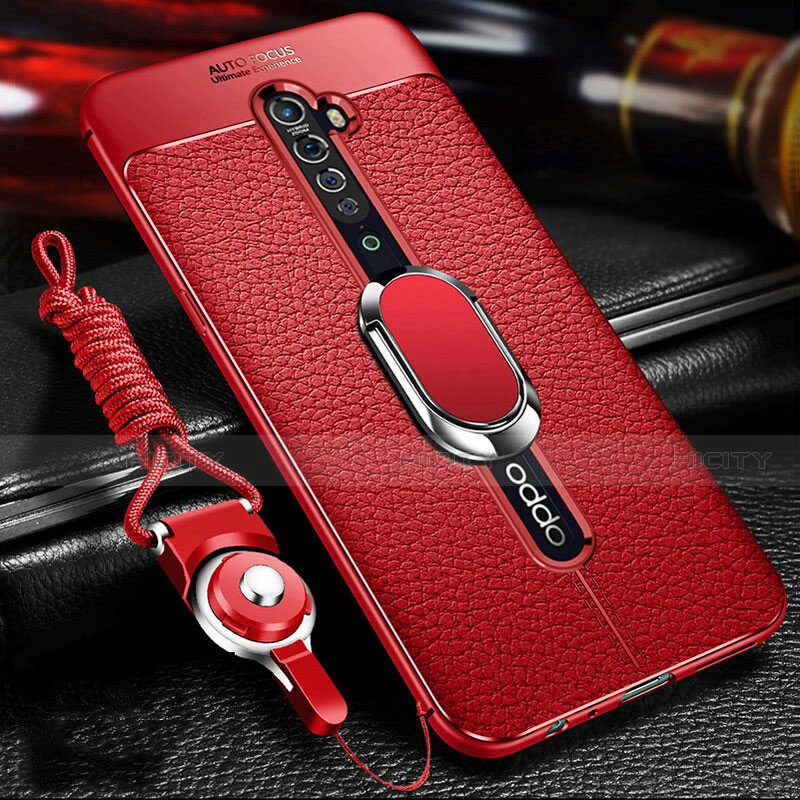 Silikon Hülle Handyhülle Gummi Schutzhülle Leder Tasche mit Magnetisch Fingerring Ständer S02 für Oppo Reno2 Rot