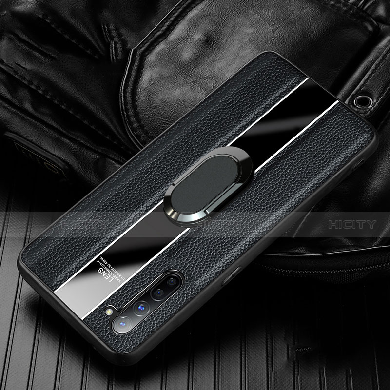 Silikon Hülle Handyhülle Gummi Schutzhülle Leder Tasche mit Magnetisch Fingerring Ständer S03 für Oppo F15 Schwarz