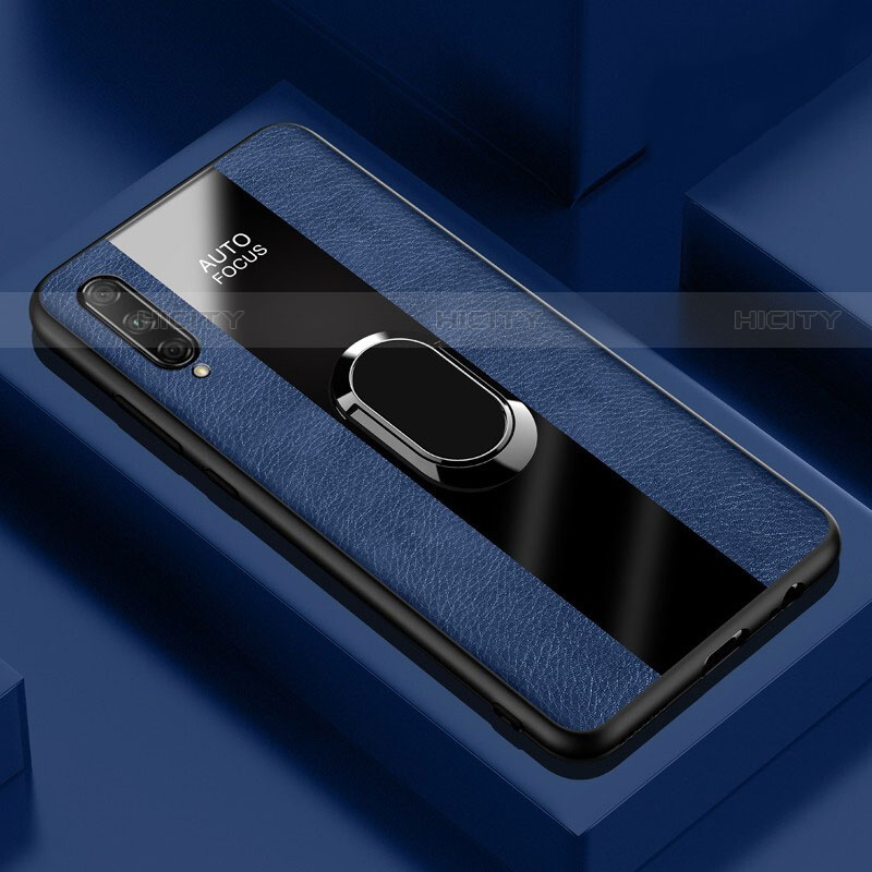 Silikon Hülle Handyhülle Gummi Schutzhülle Leder Tasche mit Magnetisch Fingerring Ständer S04 für Huawei P Smart Pro (2019) Blau