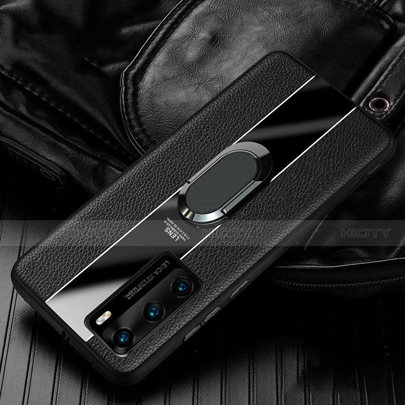 Silikon Hülle Handyhülle Gummi Schutzhülle Leder Tasche mit Magnetisch Fingerring Ständer S04 für Huawei P40