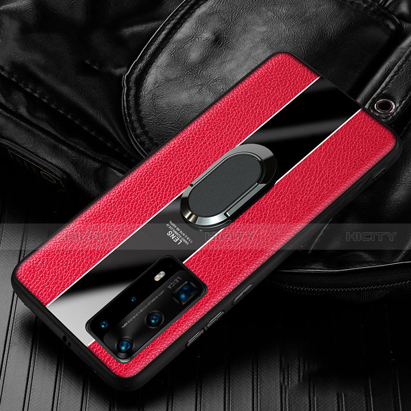 Silikon Hülle Handyhülle Gummi Schutzhülle Leder Tasche mit Magnetisch Fingerring Ständer S04 für Huawei P40 Pro+ Plus Rot