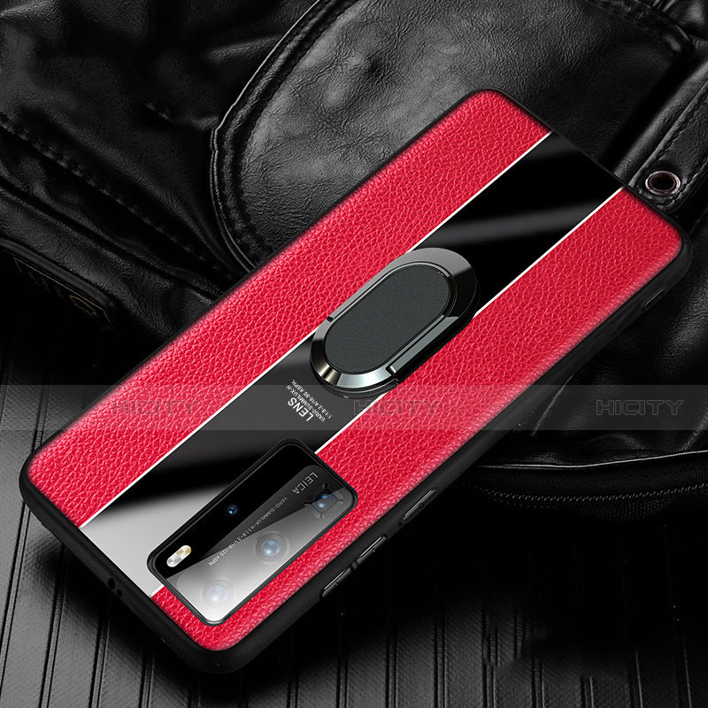 Silikon Hülle Handyhülle Gummi Schutzhülle Leder Tasche mit Magnetisch Fingerring Ständer S04 für Huawei P40 Pro Rot