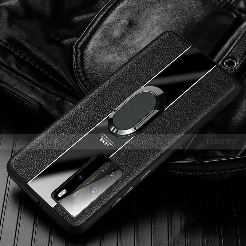 Silikon Hülle Handyhülle Gummi Schutzhülle Leder Tasche mit Magnetisch Fingerring Ständer S04 für Huawei P40 Pro Schwarz