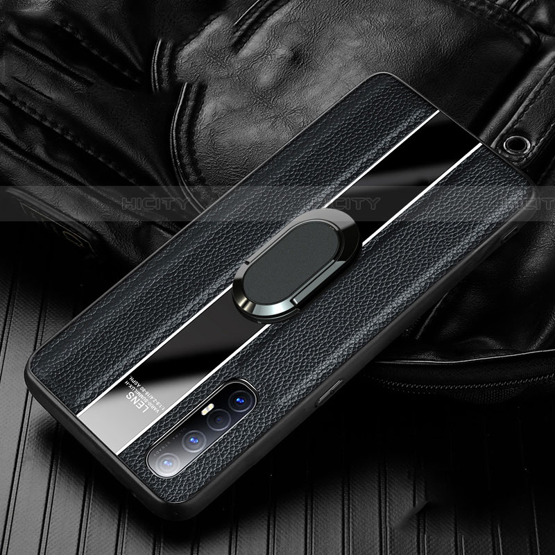 Silikon Hülle Handyhülle Gummi Schutzhülle Leder Tasche mit Magnetisch Fingerring Ständer S04 für Oppo Reno3 Pro Schwarz