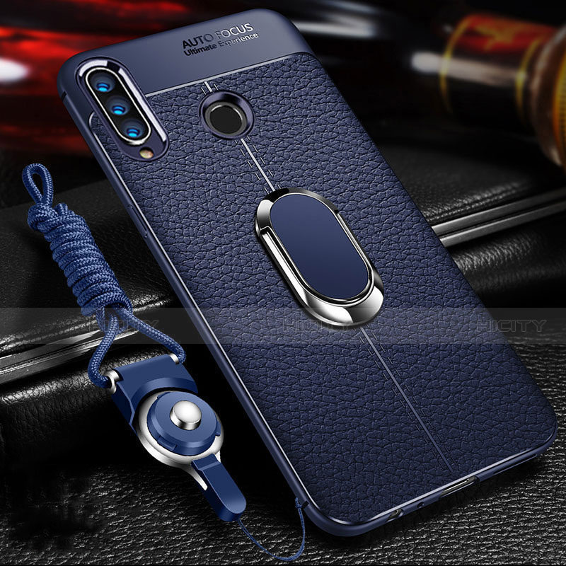 Silikon Hülle Handyhülle Gummi Schutzhülle Leder Tasche mit Magnetisch Fingerring Ständer T01 für Huawei Honor 10i Blau