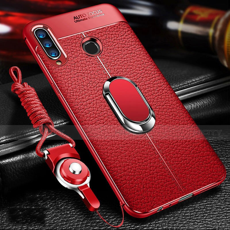 Silikon Hülle Handyhülle Gummi Schutzhülle Leder Tasche mit Magnetisch Fingerring Ständer T01 für Huawei Honor 10i Rot