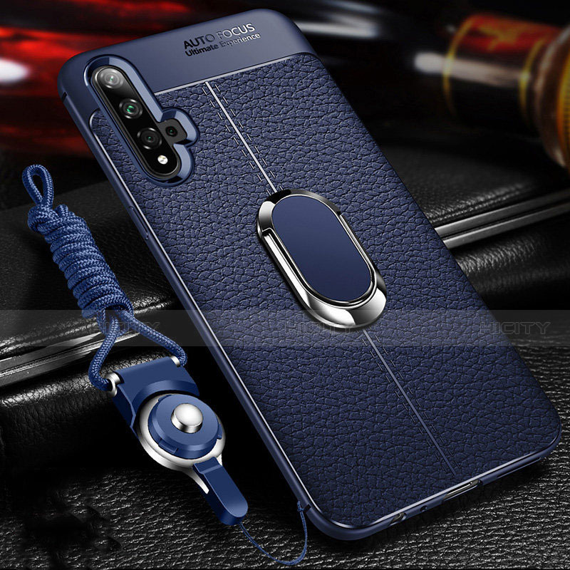 Silikon Hülle Handyhülle Gummi Schutzhülle Leder Tasche mit Magnetisch Fingerring Ständer T01 für Huawei Honor 20 Blau