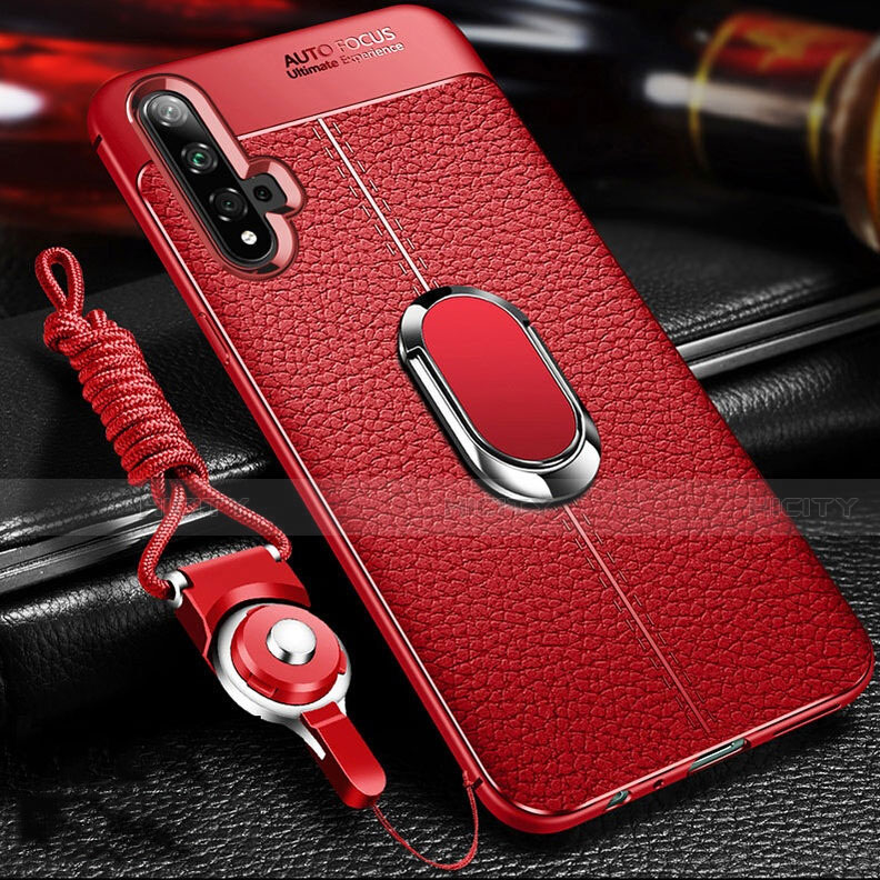 Silikon Hülle Handyhülle Gummi Schutzhülle Leder Tasche mit Magnetisch Fingerring Ständer T01 für Huawei Honor 20 Rot