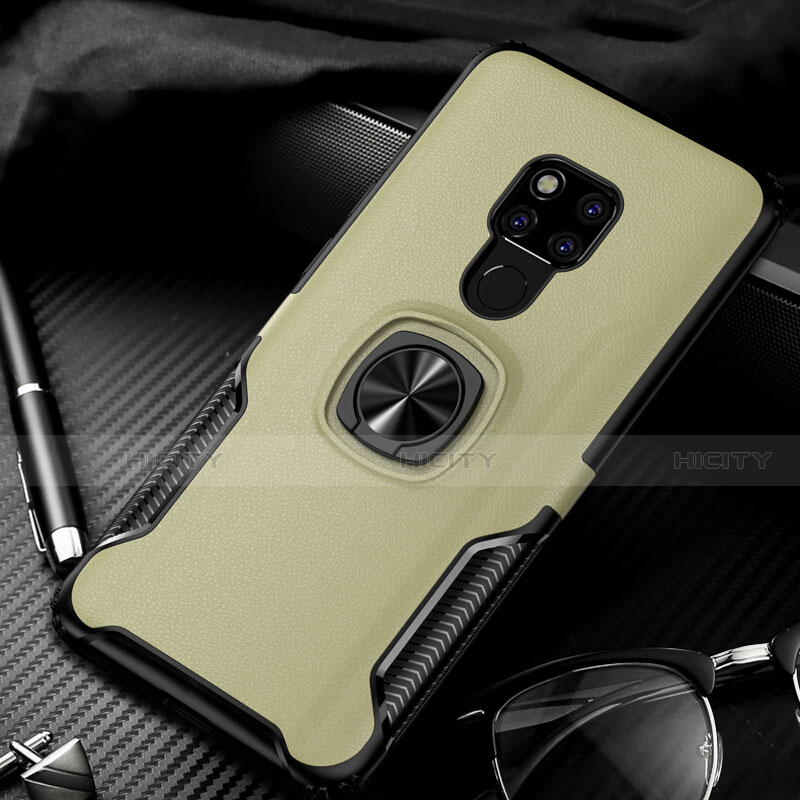 Silikon Hülle Handyhülle Gummi Schutzhülle Leder Tasche mit Magnetisch Fingerring Ständer T01 für Huawei Mate 20 Gold