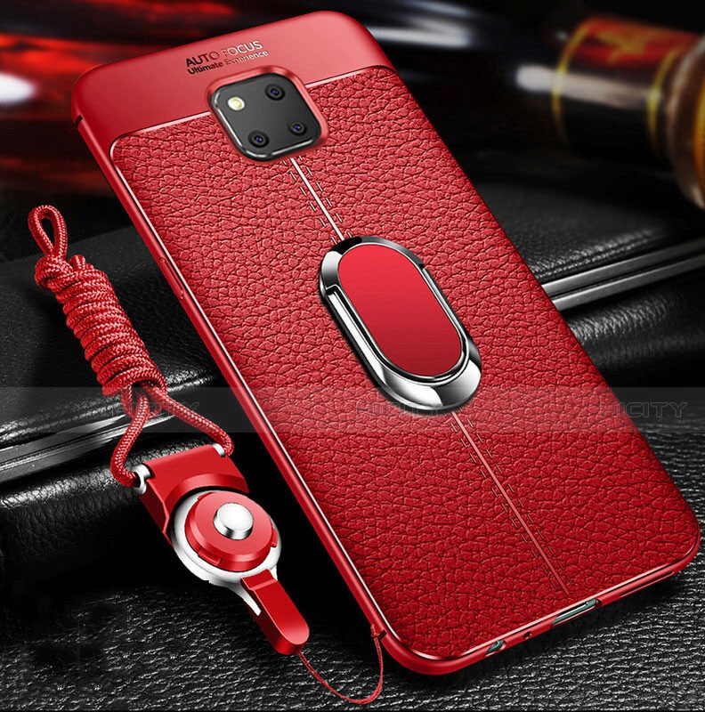 Silikon Hülle Handyhülle Gummi Schutzhülle Leder Tasche mit Magnetisch Fingerring Ständer T01 für Huawei Mate 20 Pro Rot