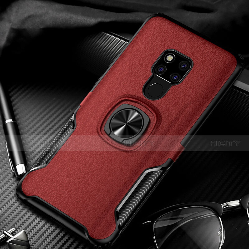 Silikon Hülle Handyhülle Gummi Schutzhülle Leder Tasche mit Magnetisch Fingerring Ständer T01 für Huawei Mate 20 Rot