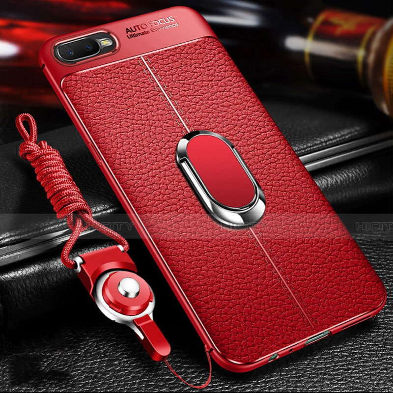 Silikon Hülle Handyhülle Gummi Schutzhülle Leder Tasche mit Magnetisch Fingerring Ständer T01 für Oppo R15X Rot