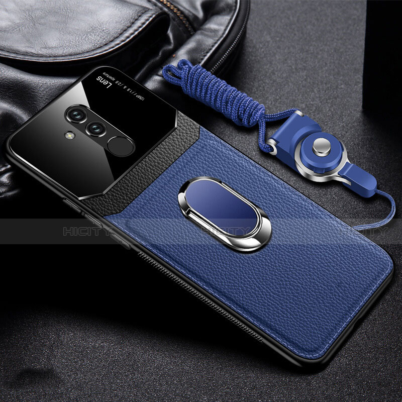 Silikon Hülle Handyhülle Gummi Schutzhülle Leder Tasche mit Magnetisch Fingerring Ständer T02 für Huawei Mate 20 Lite Blau