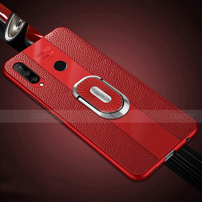 Silikon Hülle Handyhülle Gummi Schutzhülle Leder Tasche mit Magnetisch Fingerring Ständer T03 für Huawei P30 Lite New Edition Rot