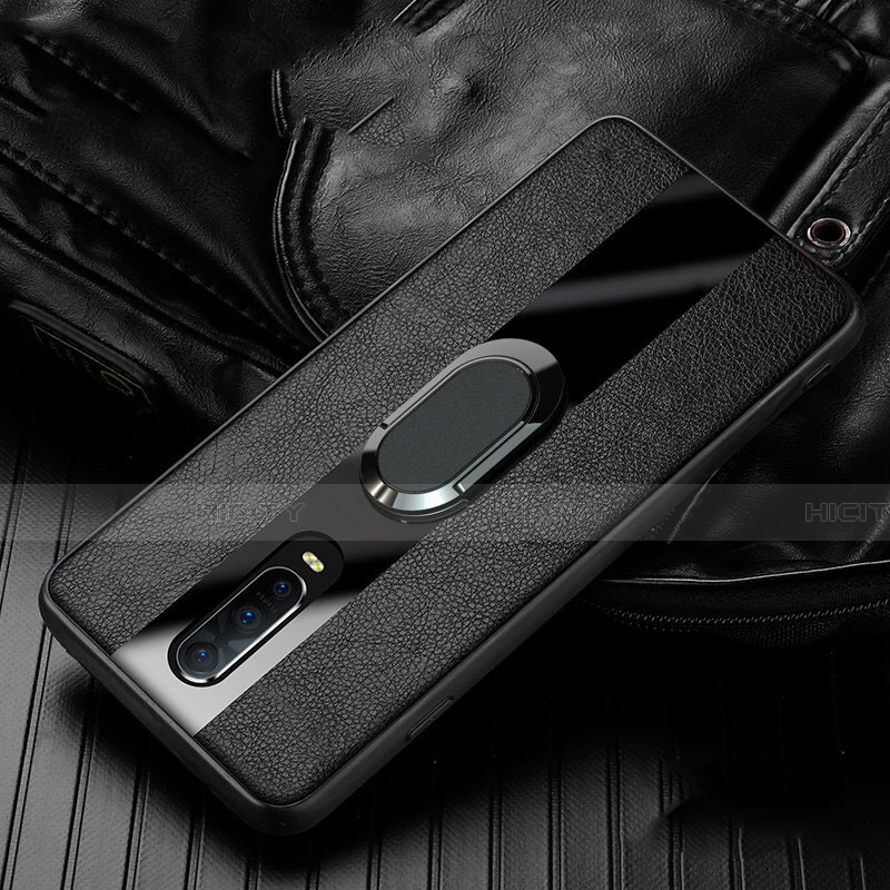 Silikon Hülle Handyhülle Gummi Schutzhülle Leder Tasche mit Magnetisch Fingerring Ständer T03 für Oppo R17 Pro Schwarz