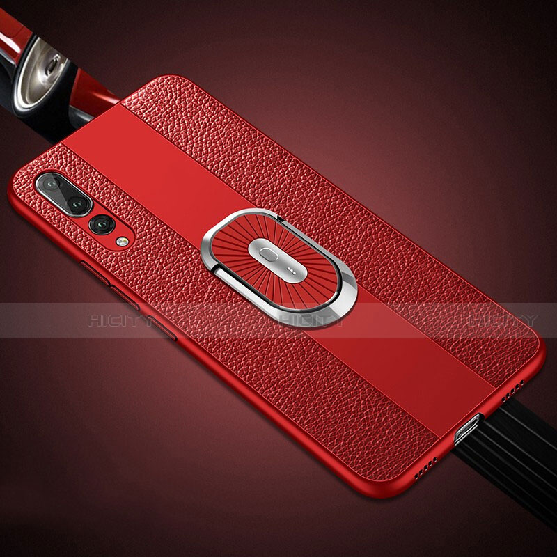 Silikon Hülle Handyhülle Gummi Schutzhülle Leder Tasche mit Magnetisch Fingerring Ständer T05 für Huawei P20 Pro Rot Plus