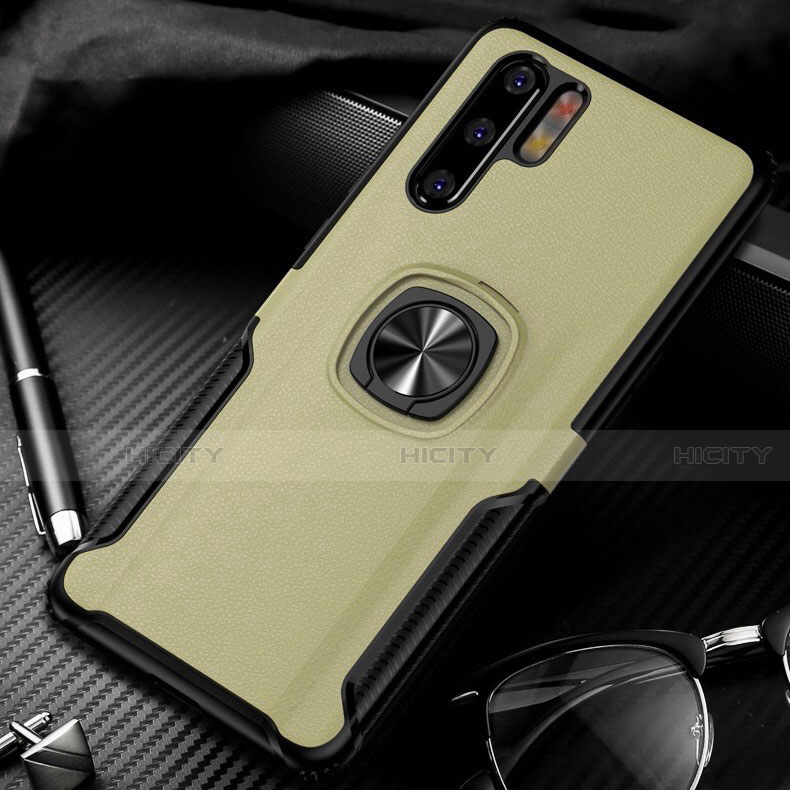 Silikon Hülle Handyhülle Gummi Schutzhülle Leder Tasche mit Magnetisch Fingerring Ständer T05 für Huawei P30 Pro Gold Plus