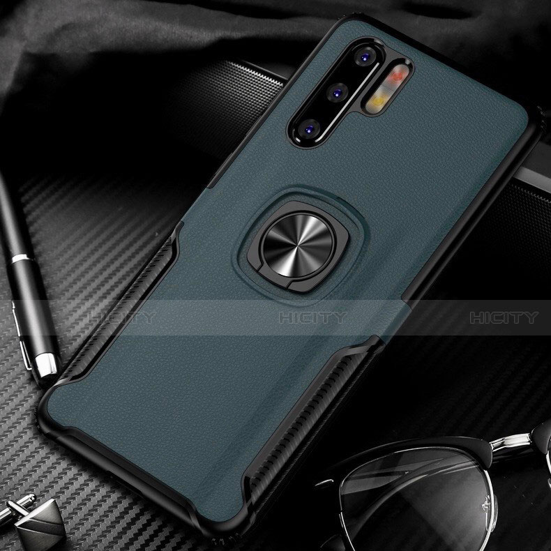 Silikon Hülle Handyhülle Gummi Schutzhülle Leder Tasche mit Magnetisch Fingerring Ständer T05 für Huawei P30 Pro Grün