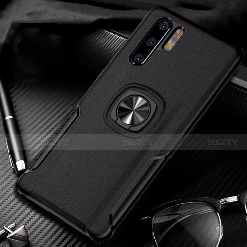 Silikon Hülle Handyhülle Gummi Schutzhülle Leder Tasche mit Magnetisch Fingerring Ständer T05 für Huawei P30 Pro New Edition Schwarz