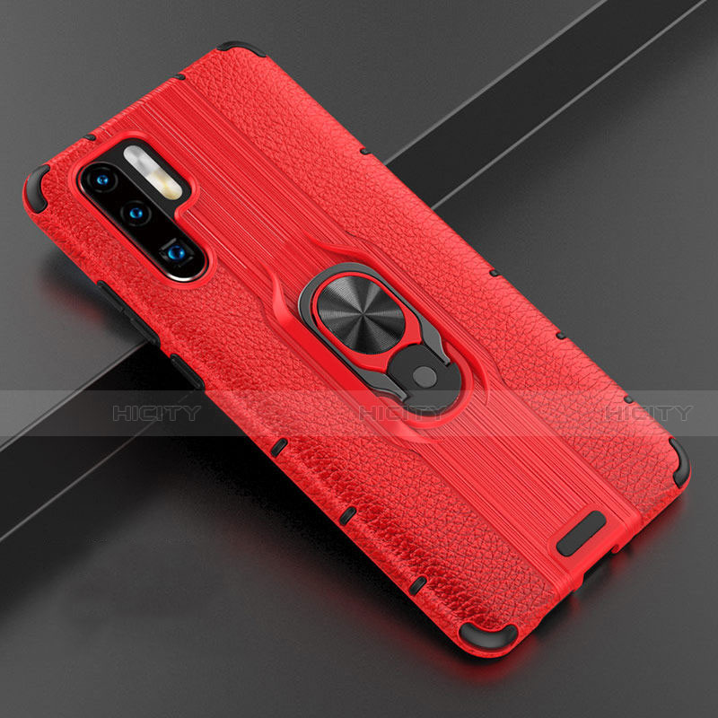 Silikon Hülle Handyhülle Gummi Schutzhülle Leder Tasche mit Magnetisch Fingerring Ständer T06 für Huawei P30 Pro Rot Plus