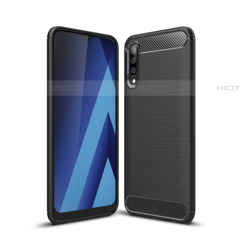 Silikon Hülle Handyhülle Gummi Schutzhülle Tasche Line C01 für Samsung Galaxy A70 Schwarz