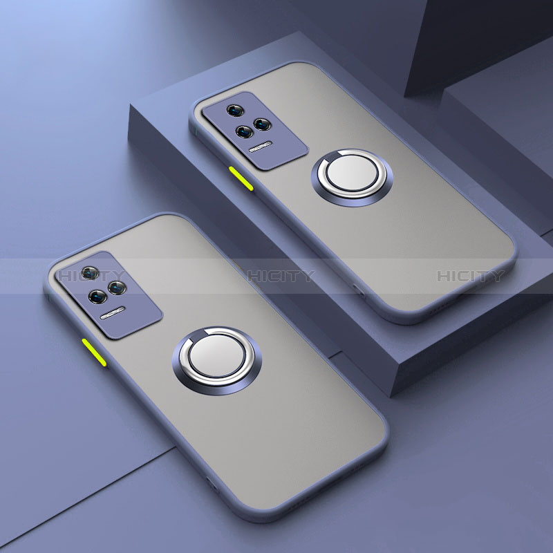 Silikon Hülle Handyhülle Rahmen Schutzhülle Durchsichtig Transparent Ganzkörper mit Magnetisch Fingerring Ständer T01 für Xiaomi Poco F4 GT 5G Lavendel Grau