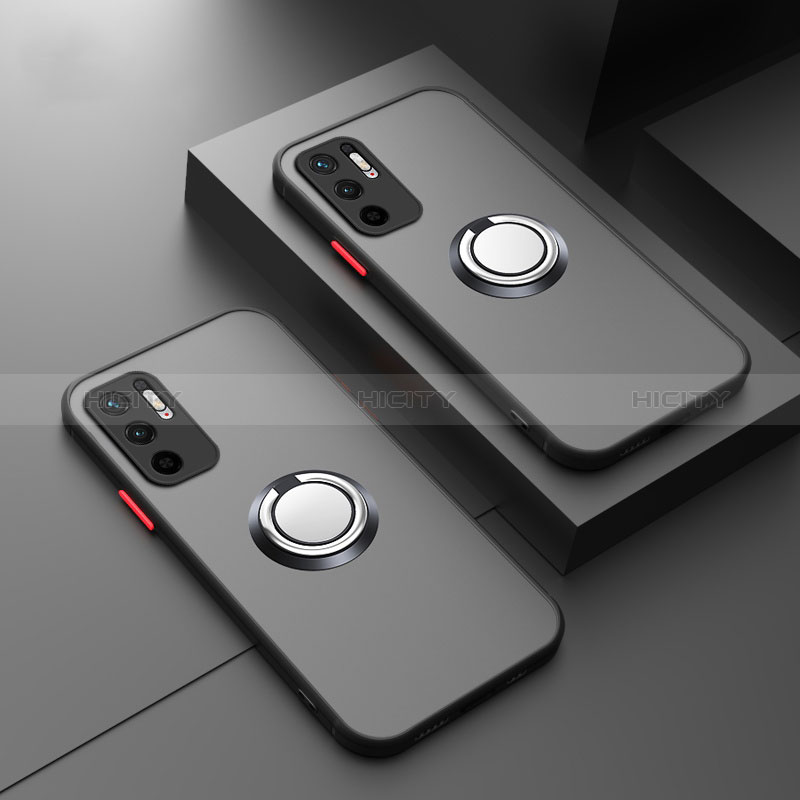 Silikon Hülle Handyhülle Rahmen Schutzhülle Durchsichtig Transparent Ganzkörper mit Magnetisch Fingerring Ständer T01 für Xiaomi POCO M3 Pro 5G Schwarz Plus