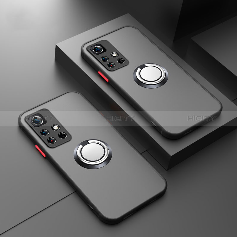 Silikon Hülle Handyhülle Rahmen Schutzhülle Durchsichtig Transparent Ganzkörper mit Magnetisch Fingerring Ständer T01 für Xiaomi Poco X4 NFC Schwarz