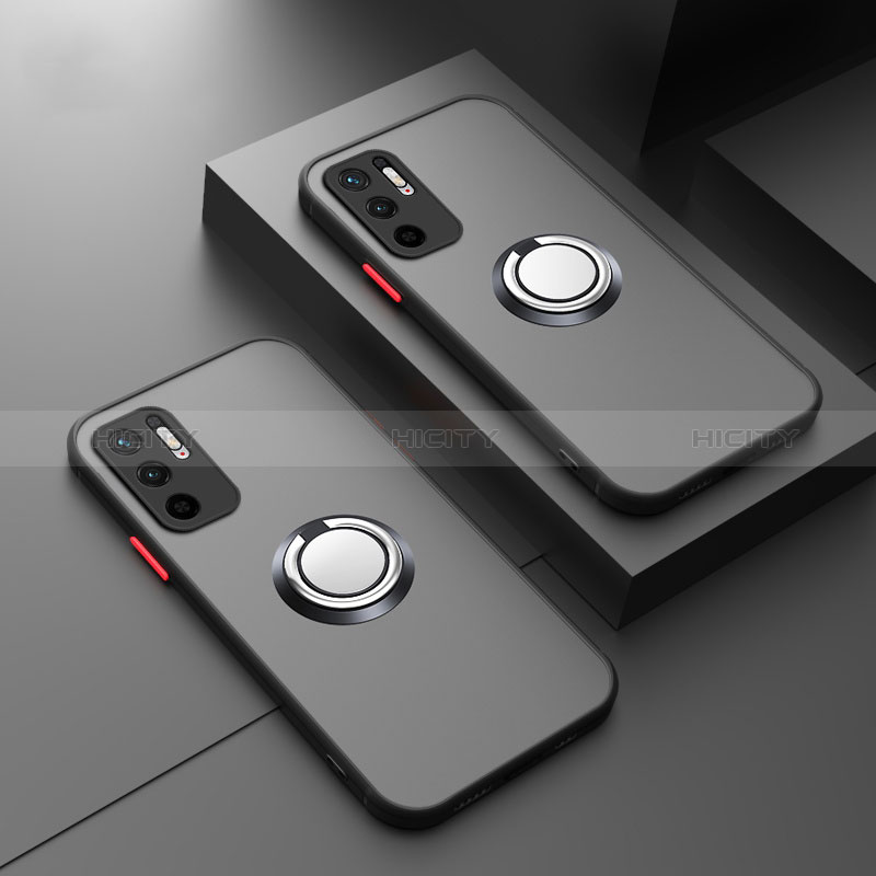 Silikon Hülle Handyhülle Rahmen Schutzhülle Durchsichtig Transparent Ganzkörper mit Magnetisch Fingerring Ständer T01 für Xiaomi Redmi Note 10 5G Schwarz