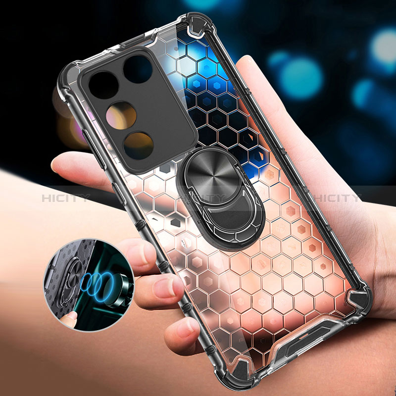 Silikon Hülle Handyhülle Rahmen Schutzhülle Durchsichtig Transparent Spiegel 360 Grad Ganzkörper mit Magnetisch Fingerring Ständer AM1 für Vivo V27 Pro 5G