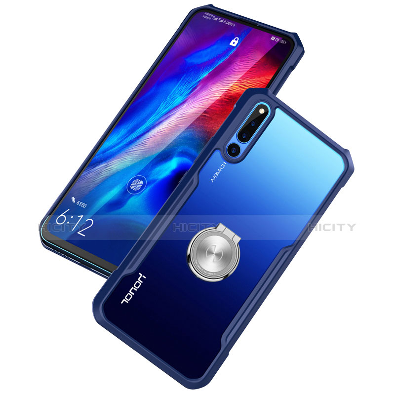 Silikon Hülle Handyhülle Rahmen Schutzhülle Durchsichtig Transparent Spiegel 360 Grad mit Magnetisch Fingerring Ständer für Huawei Honor Magic 2 Blau Plus