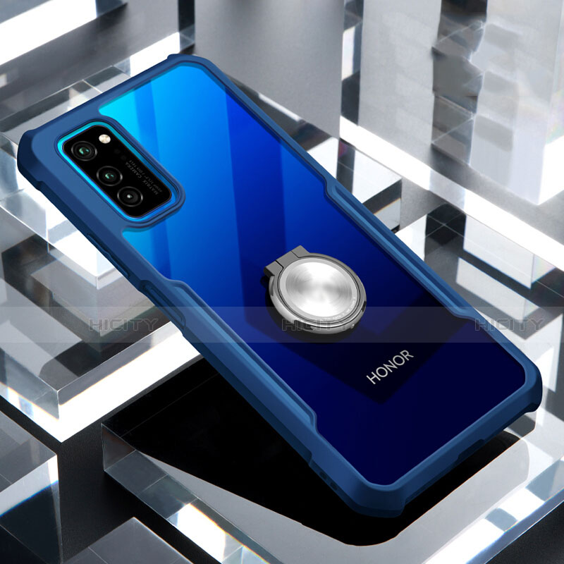 Silikon Hülle Handyhülle Rahmen Schutzhülle Durchsichtig Transparent Spiegel 360 Grad mit Magnetisch Fingerring Ständer für Huawei Honor V30 Pro 5G Blau