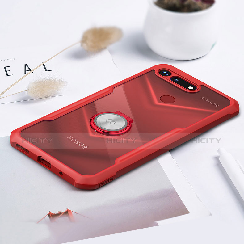 Silikon Hülle Handyhülle Rahmen Schutzhülle Durchsichtig Transparent Spiegel 360 Grad mit Magnetisch Fingerring Ständer für Huawei Honor View 20 Rot