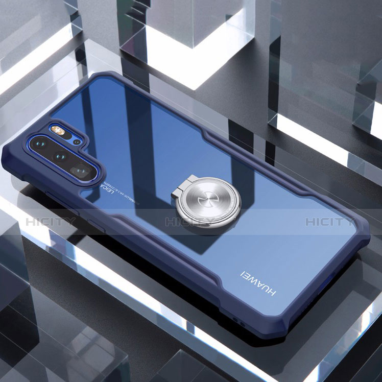 Silikon Hülle Handyhülle Rahmen Schutzhülle Durchsichtig Transparent Spiegel 360 Grad mit Magnetisch Fingerring Ständer für Huawei P30 Pro Blau