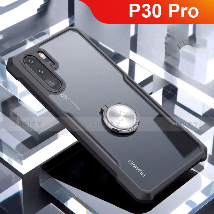 Silikon Hülle Handyhülle Rahmen Schutzhülle Durchsichtig Transparent Spiegel 360 Grad mit Magnetisch Fingerring Ständer für Huawei P30 Pro Schwarz