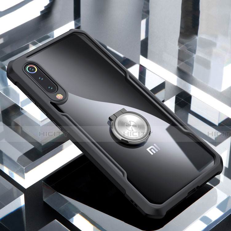 Silikon Hülle Handyhülle Rahmen Schutzhülle Durchsichtig Transparent Spiegel 360 Grad mit Magnetisch Fingerring Ständer für Xiaomi Mi 9 Lite Schwarz