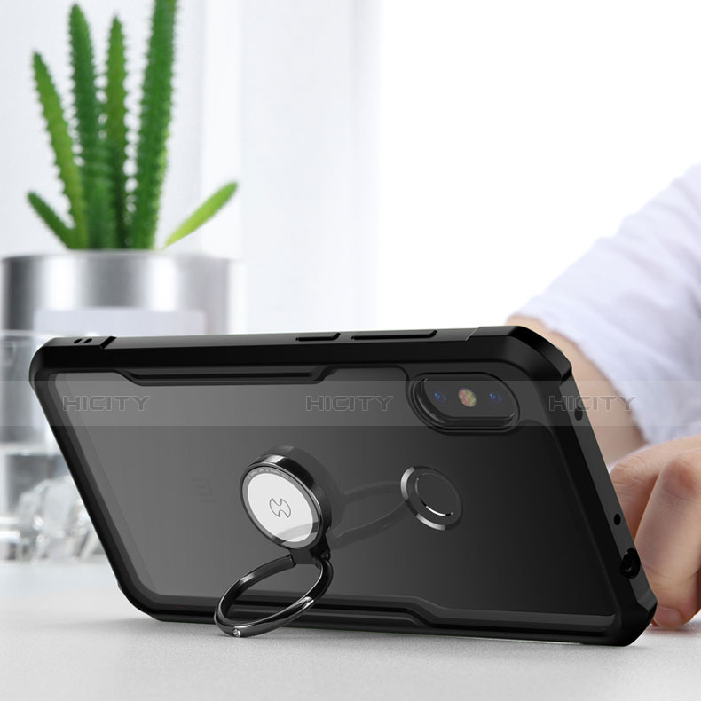 Silikon Hülle Handyhülle Rahmen Schutzhülle Durchsichtig Transparent Spiegel 360 Grad mit Magnetisch Fingerring Ständer für Xiaomi Redmi Note 6 Pro Schwarz