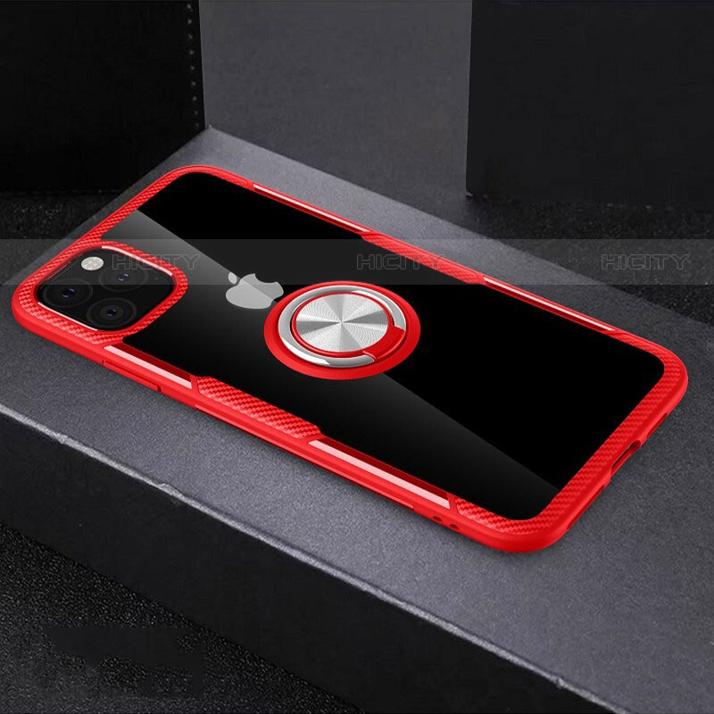 Silikon Hülle Handyhülle Rahmen Schutzhülle Durchsichtig Transparent Spiegel 360 Grad mit Magnetisch Fingerring Ständer M01 für Apple iPhone 11 Pro Rot