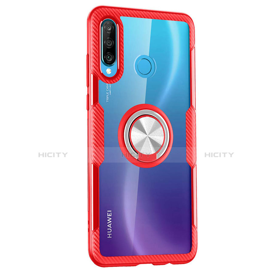 Silikon Hülle Handyhülle Rahmen Schutzhülle Durchsichtig Transparent Spiegel 360 Grad mit Magnetisch Fingerring Ständer Z01 für Huawei P30 Lite XL Rot Plus