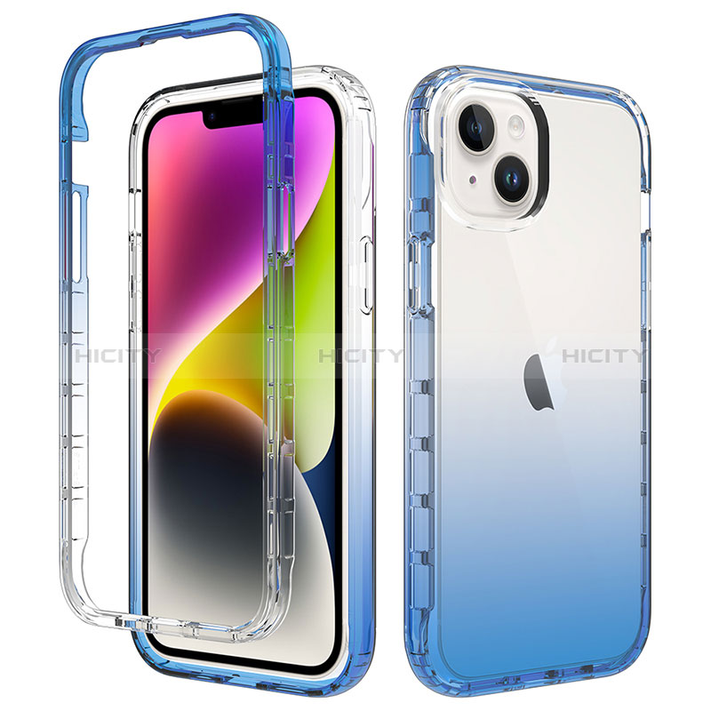 Silikon Hülle Handyhülle Ultra Dünn Flexible Schutzhülle Tasche Transparent Vorder und Rückseite 360 Grad Ganzkörper Farbverlauf für Apple iPhone 14 Blau Plus