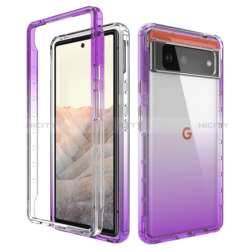 Silikon Hülle Handyhülle Ultra Dünn Flexible Schutzhülle Tasche Transparent Vorder und Rückseite 360 Grad Ganzkörper Farbverlauf für Google Pixel 6 5G Violett Plus