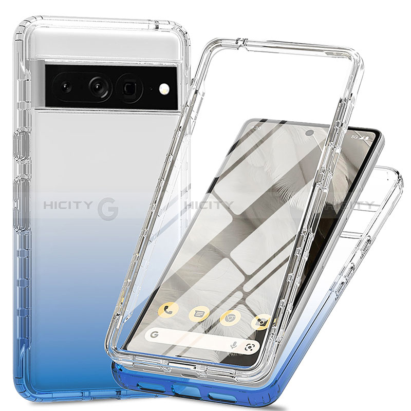 Silikon Hülle Handyhülle Ultra Dünn Flexible Schutzhülle Tasche Transparent Vorder und Rückseite 360 Grad Ganzkörper Farbverlauf für Google Pixel 7 Pro 5G Blau Plus