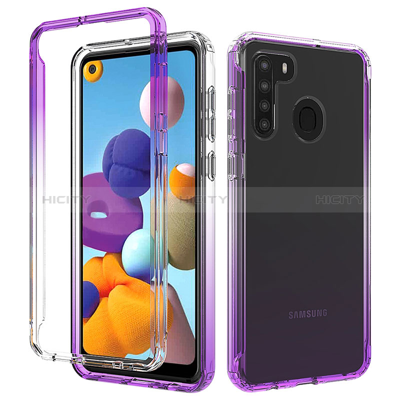 Silikon Hülle Handyhülle Ultra Dünn Flexible Schutzhülle Tasche Transparent Vorder und Rückseite 360 Grad Ganzkörper Farbverlauf JX1 für Samsung Galaxy A21s Violett