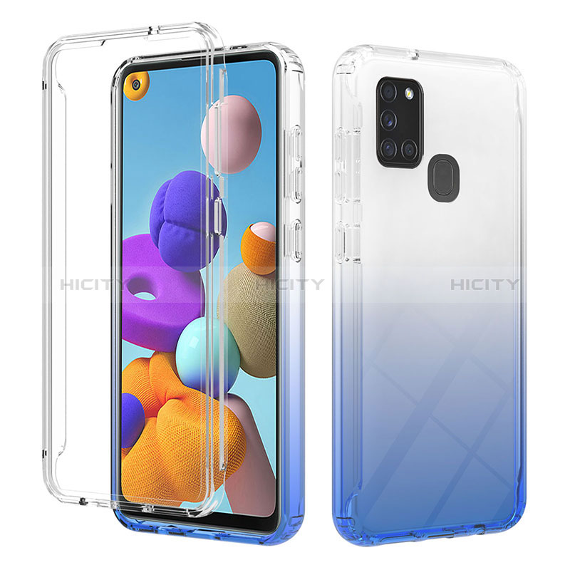 Silikon Hülle Handyhülle Ultra Dünn Flexible Schutzhülle Tasche Transparent Vorder und Rückseite 360 Grad Ganzkörper Farbverlauf YB2 für Samsung Galaxy A21s Blau