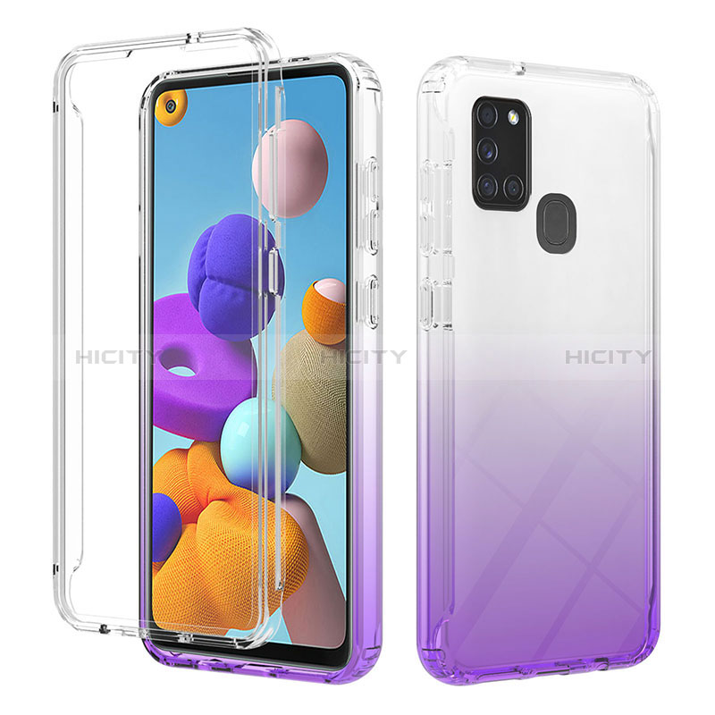 Silikon Hülle Handyhülle Ultra Dünn Flexible Schutzhülle Tasche Transparent Vorder und Rückseite 360 Grad Ganzkörper Farbverlauf YB2 für Samsung Galaxy A21s Violett