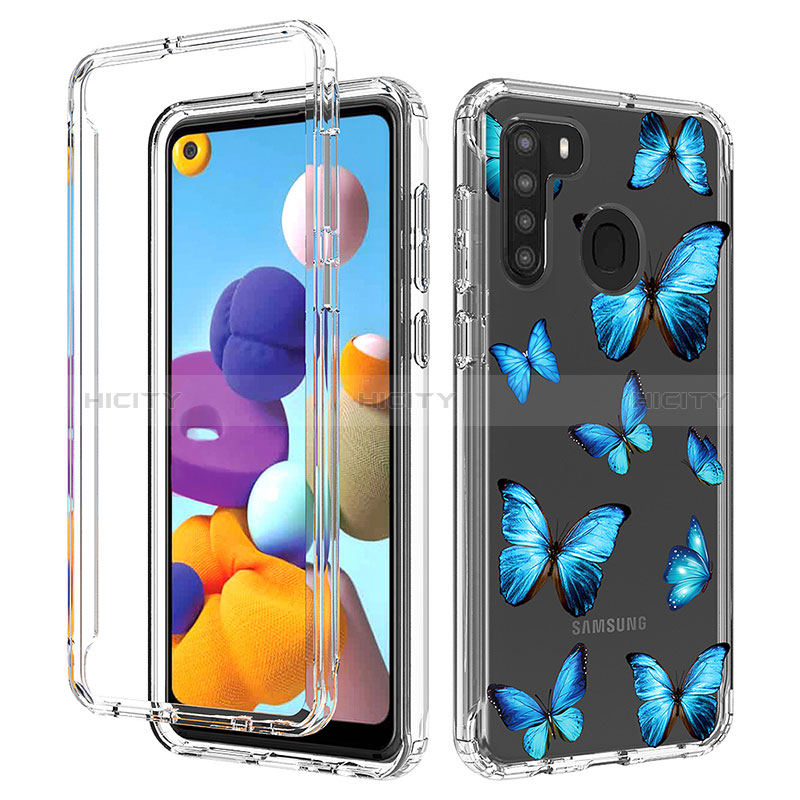 Silikon Hülle Handyhülle Ultra Dünn Flexible Schutzhülle Tasche Transparent Vorder und Rückseite 360 Grad Ganzkörper JX1 für Samsung Galaxy A21 Blau